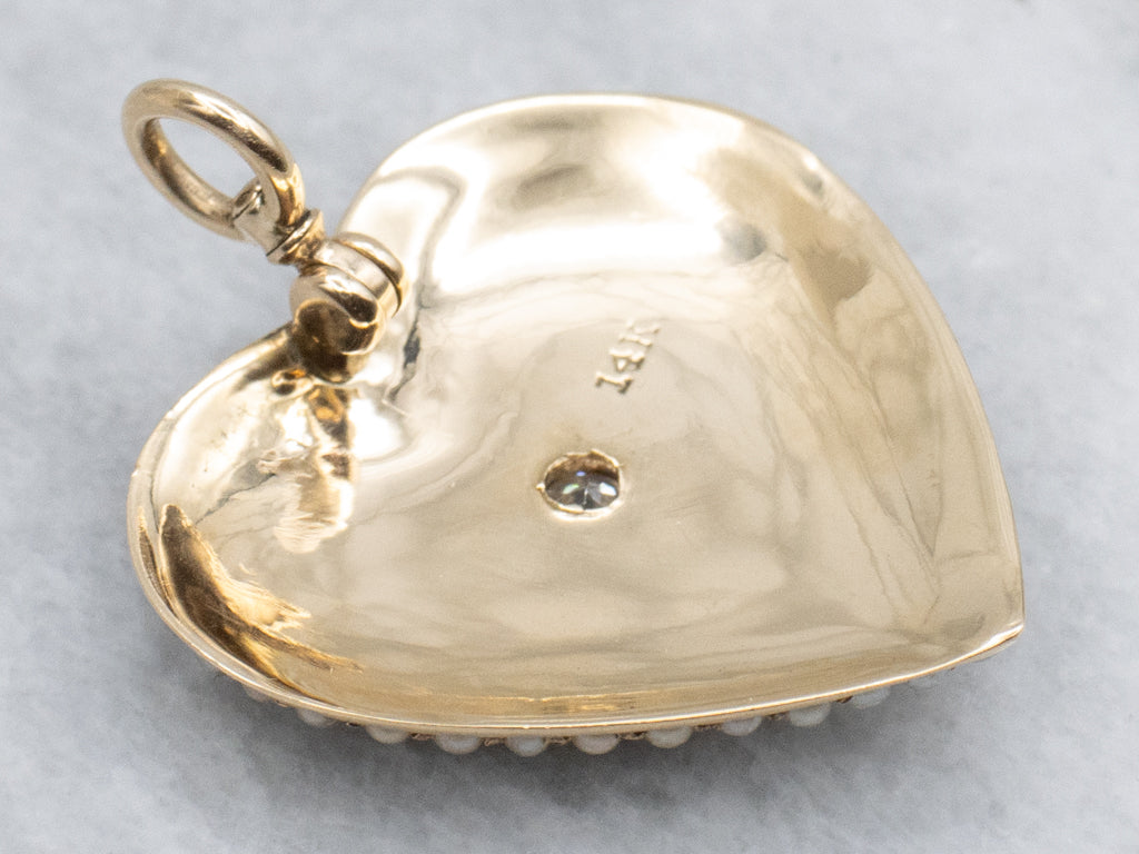 Antique Old Mine Cut Diamond and Seed Pearl Gold Heart Pendant