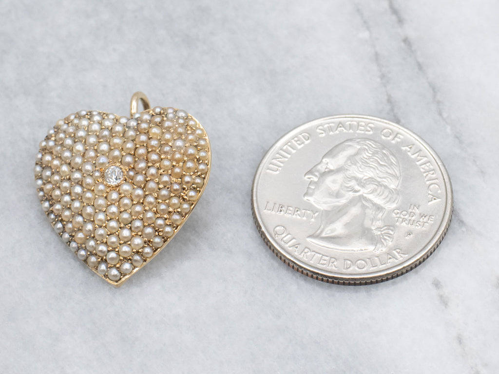 Antique Old Mine Cut Diamond and Seed Pearl Gold Heart Pendant