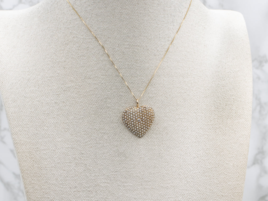 Antique Old Mine Cut Diamond and Seed Pearl Gold Heart Pendant