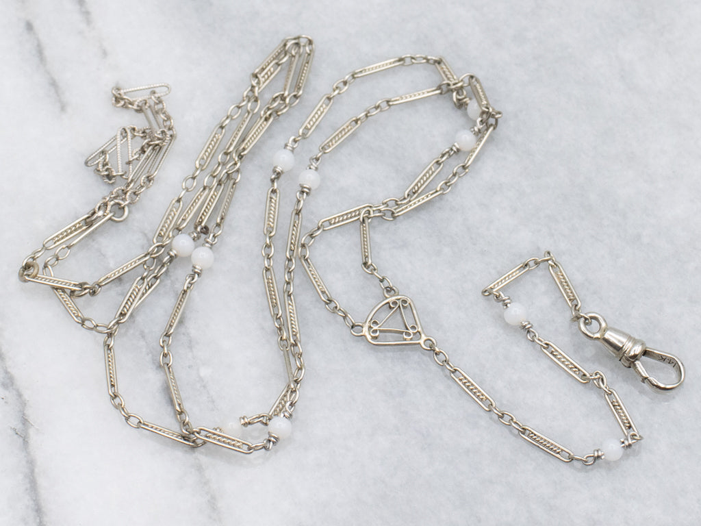 1920s Filigree Link and Glass Bead White Gold Lariat Necklace with Dog Clip Clasp