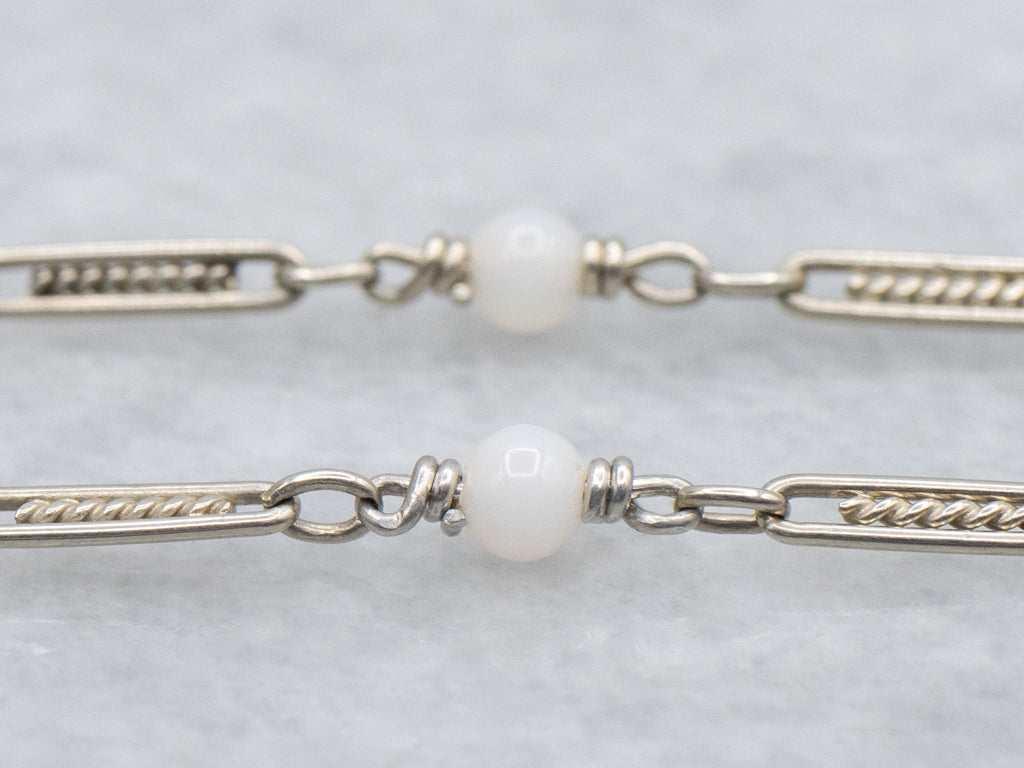 1920s Filigree Link and Glass Bead White Gold Lariat Necklace with Dog Clip Clasp