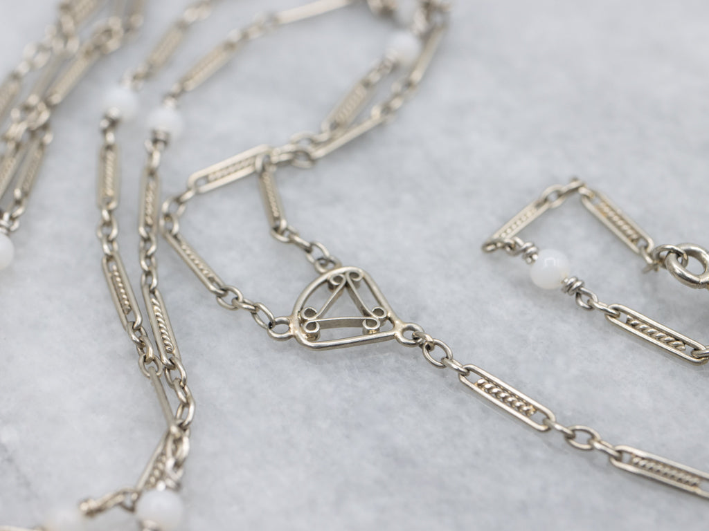1920s Filigree Link and Glass Bead White Gold Lariat Necklace with Dog Clip Clasp