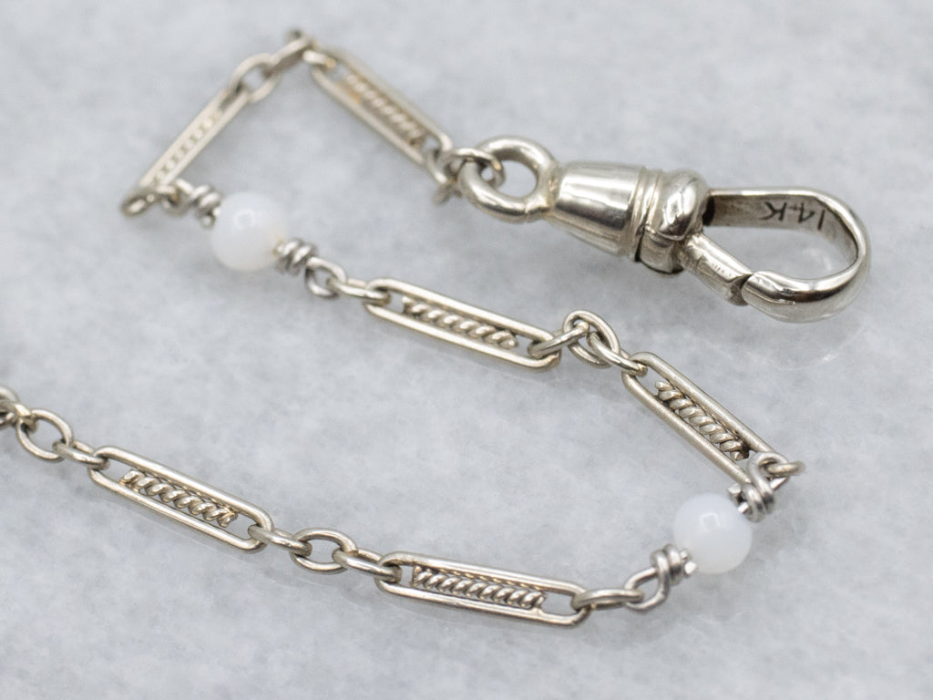 1920s Filigree Link and Glass Bead White Gold Lariat Necklace with Dog Clip Clasp