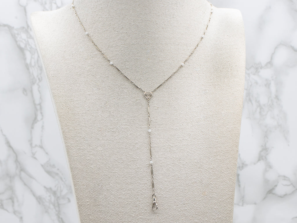 1920s Filigree Link and Glass Bead White Gold Lariat Necklace with Dog Clip Clasp