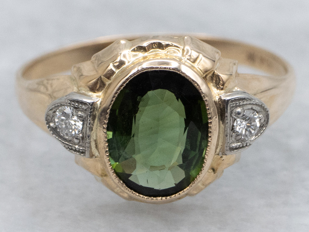 Bezel-Set Green Tourmaline and Diamond Ring