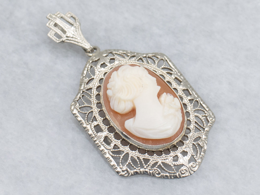 Art Deco Era White Gold Cameo Pendant