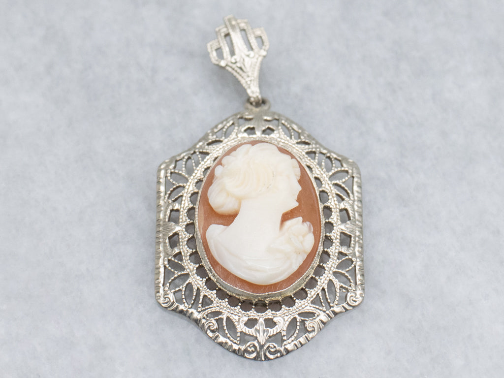 Art Deco Era White Gold Cameo Pendant