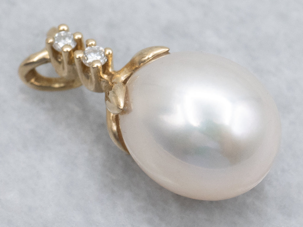Pearl and Diamond Yellow Gold Pendant with Split Bail