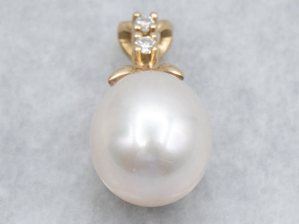 Pearl and Diamond Yellow Gold Pendant with Split Bail