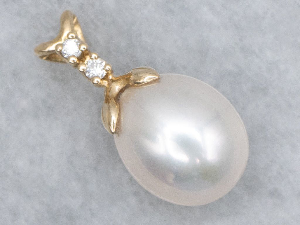 Pearl and Diamond Yellow Gold Pendant with Split Bail