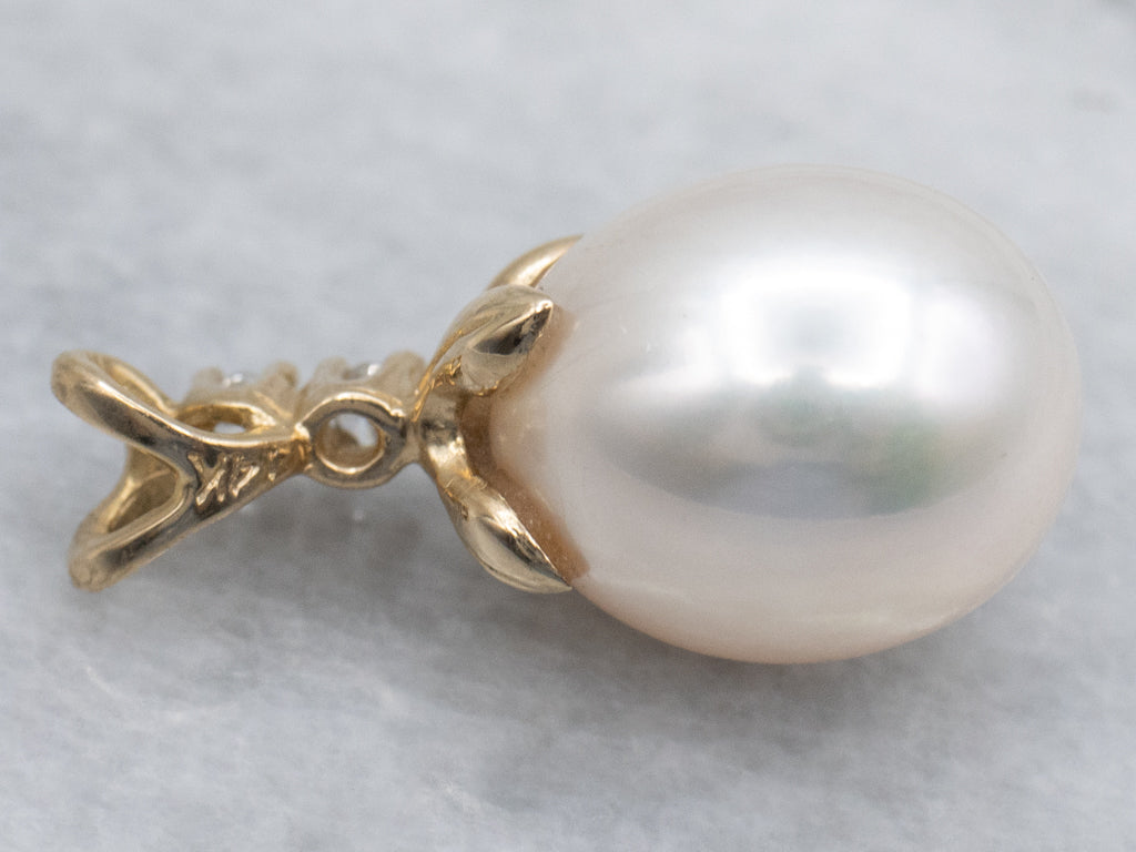 Pearl and Diamond Yellow Gold Pendant with Split Bail
