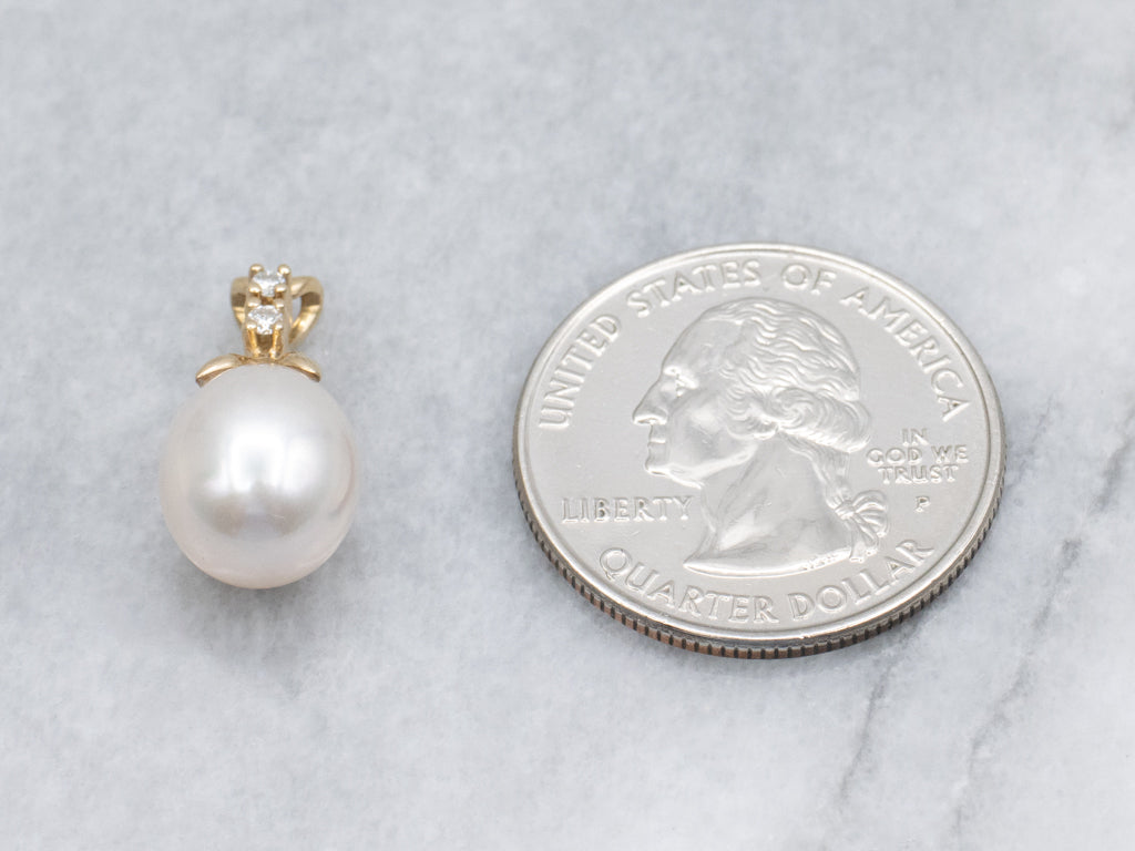 Pearl and Diamond Yellow Gold Pendant with Split Bail