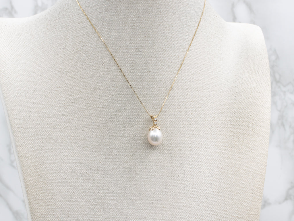 Pearl and Diamond Yellow Gold Pendant with Split Bail