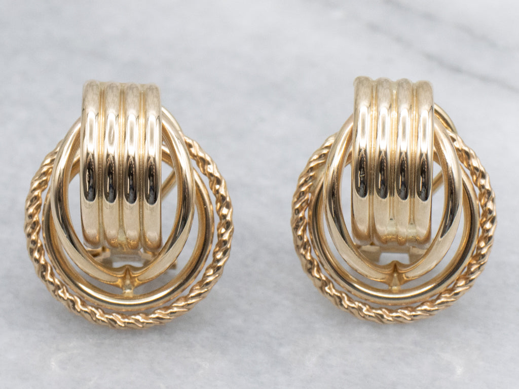 Yellow Gold Tube and Rope Twist Stud Earrings
