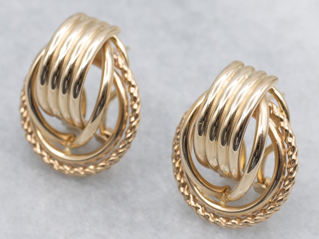 Yellow Gold Tube and Rope Twist Stud Earrings