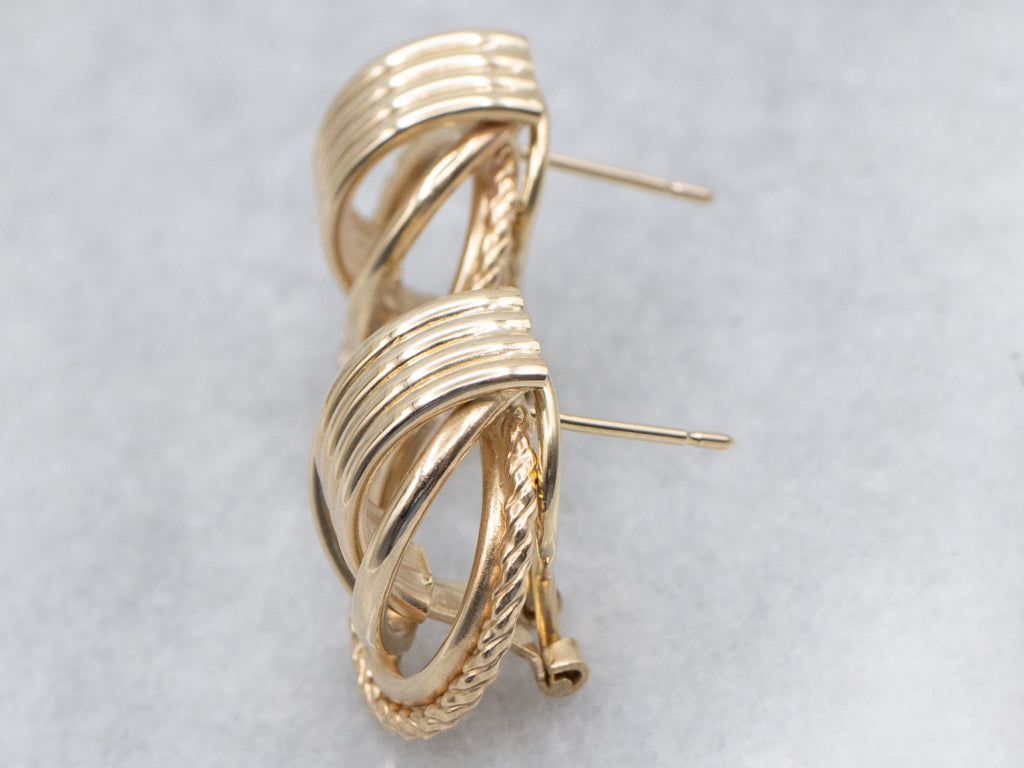 Yellow Gold Tube and Rope Twist Stud Earrings