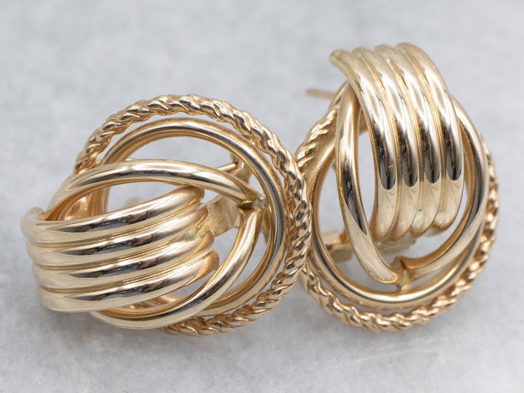 Yellow Gold Tube and Rope Twist Stud Earrings