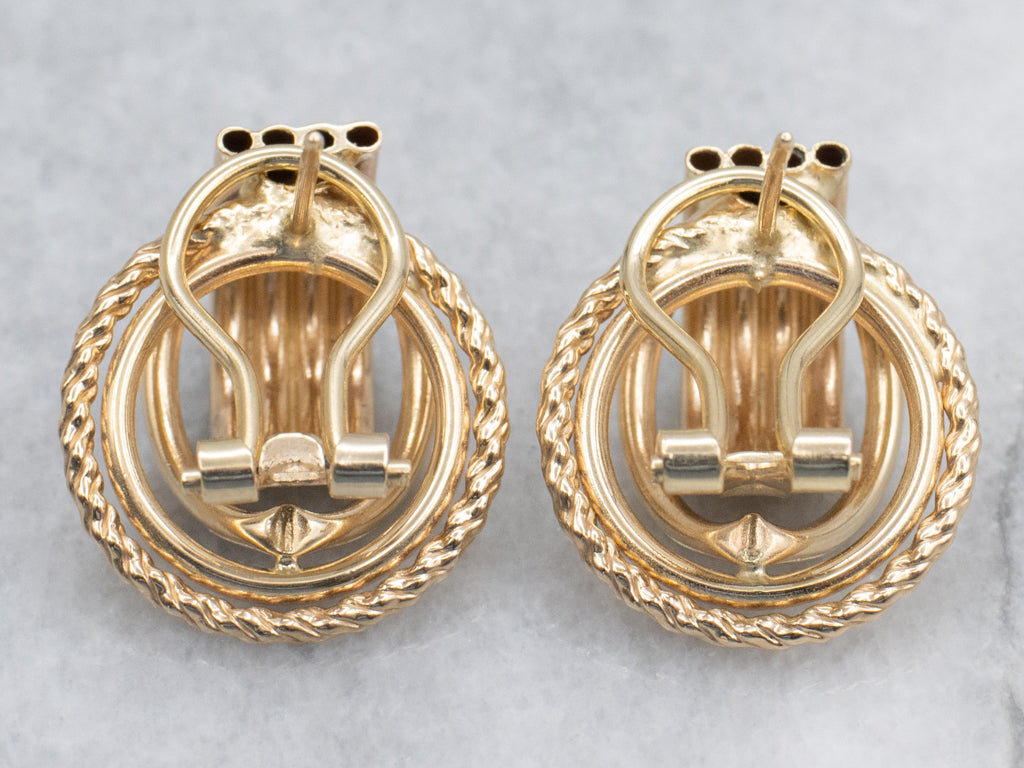 Yellow Gold Tube and Rope Twist Stud Earrings