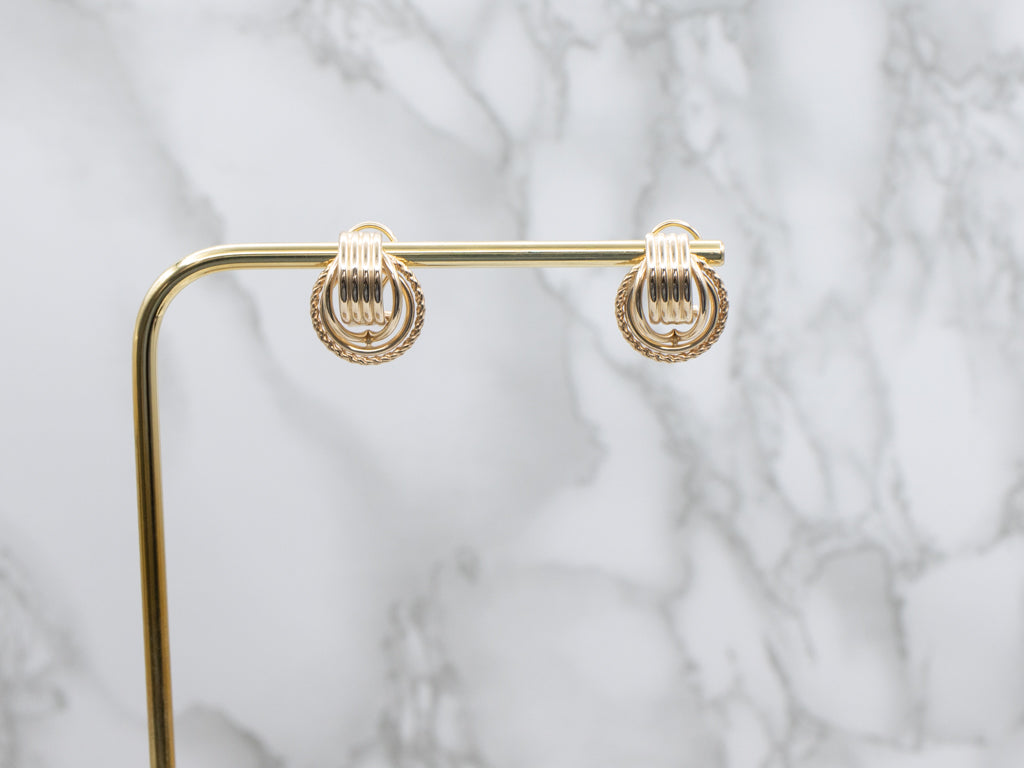 Yellow Gold Tube and Rope Twist Stud Earrings