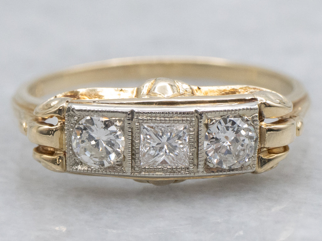 Mix-Cut Diamond Retro Two-Tone Gold Engagement Ring