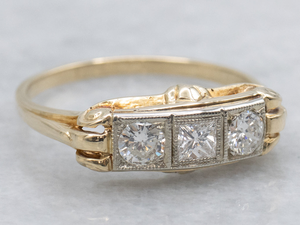 Mix-Cut Diamond Retro Two-Tone Gold Engagement Ring