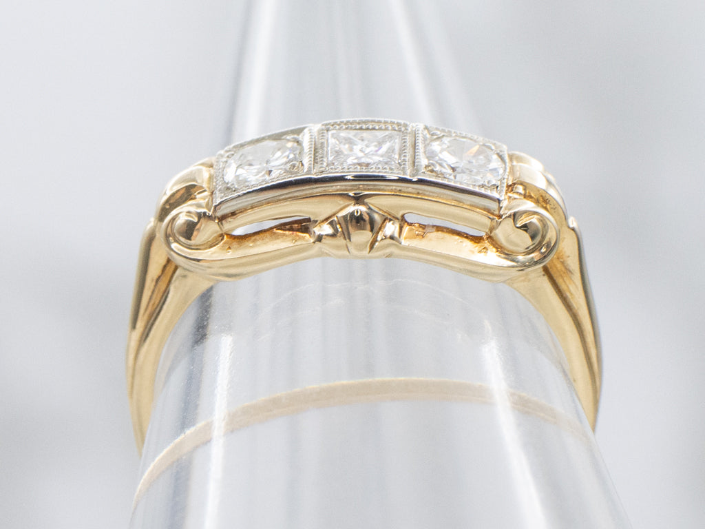 Mix-Cut Diamond Retro Two-Tone Gold Engagement Ring