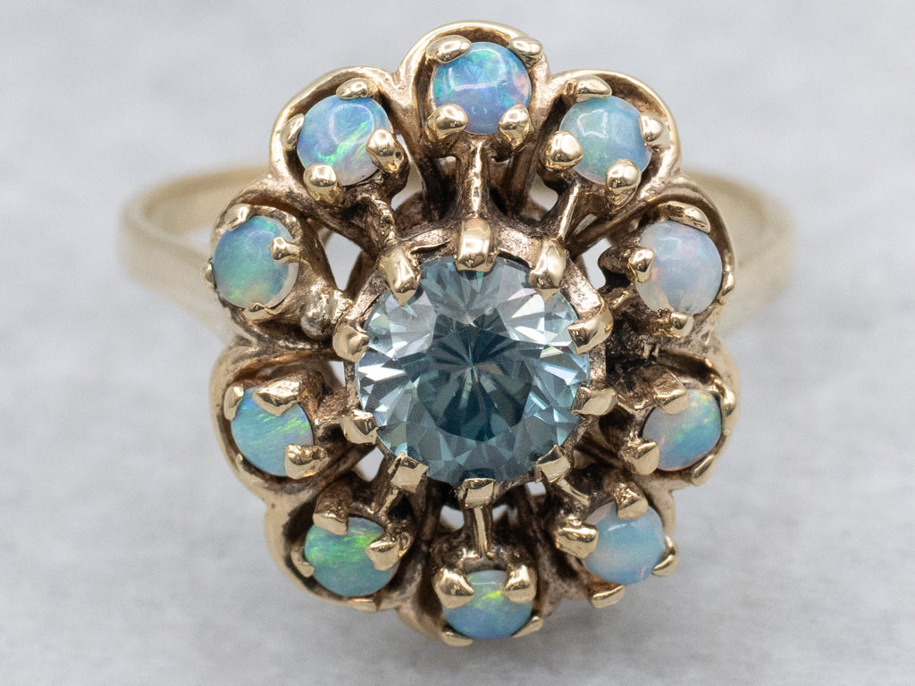 Blue Zircon and Opal Halo Vintage Gold Halo Cocktail Ring