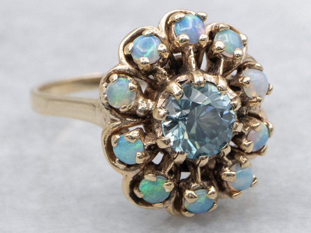 Blue Zircon and Opal Halo Vintage Gold Halo Cocktail Ring