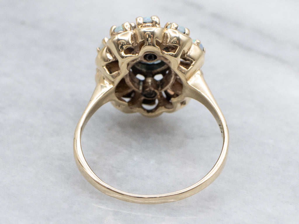 Blue Zircon and Opal Halo Vintage Gold Halo Cocktail Ring