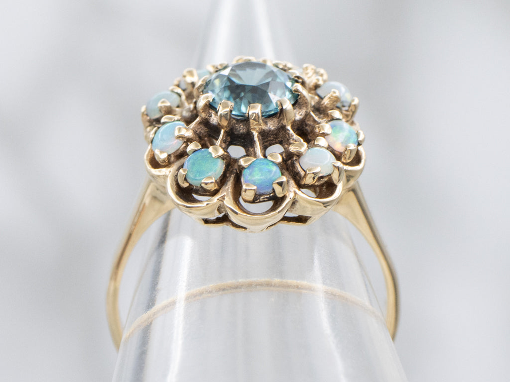 Blue Zircon and Opal Halo Vintage Gold Halo Cocktail Ring