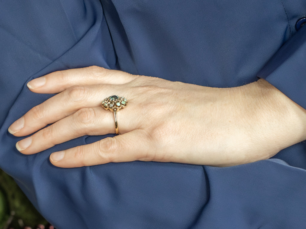Blue Zircon and Opal Halo Vintage Gold Halo Cocktail Ring