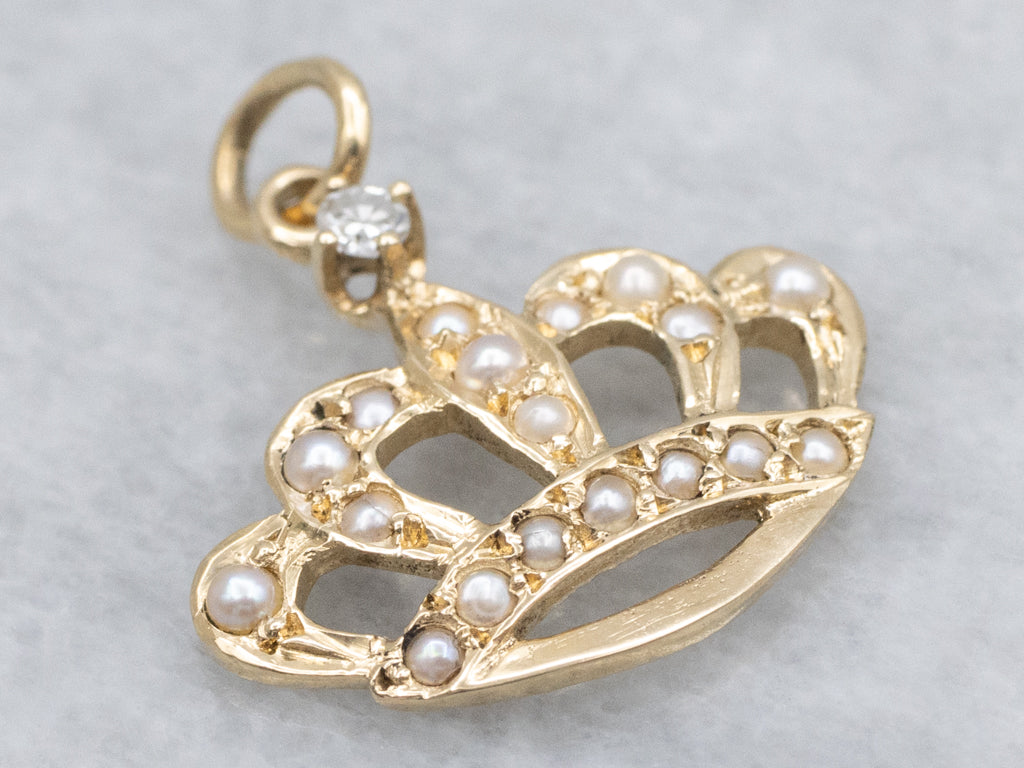 Diamond and Seed Pearl Gold Crown Pendant