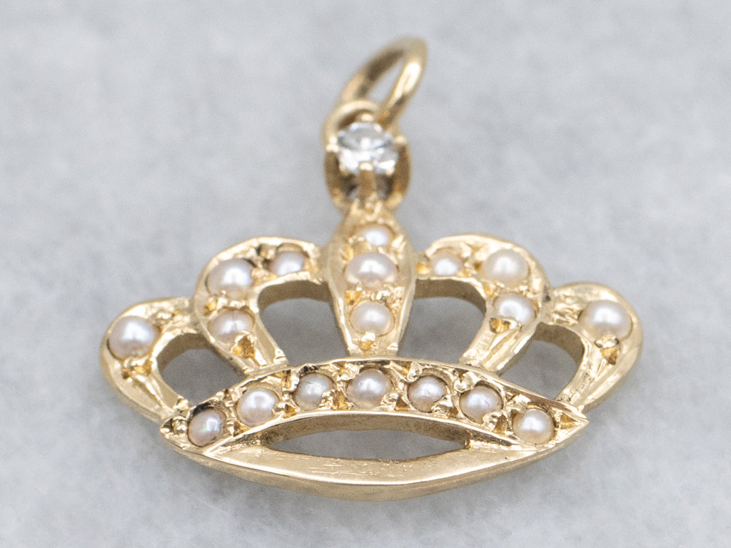 Diamond and Seed Pearl Gold Crown Pendant