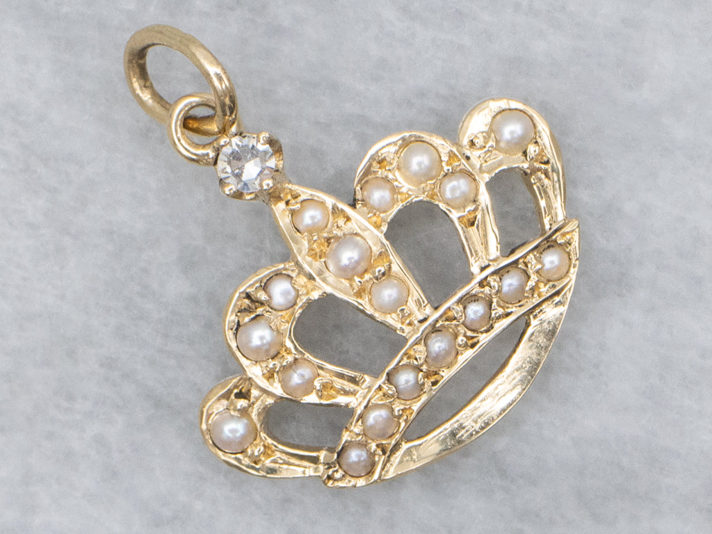 Diamond and Seed Pearl Gold Crown Pendant