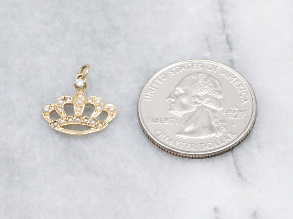 Diamond and Seed Pearl Gold Crown Pendant