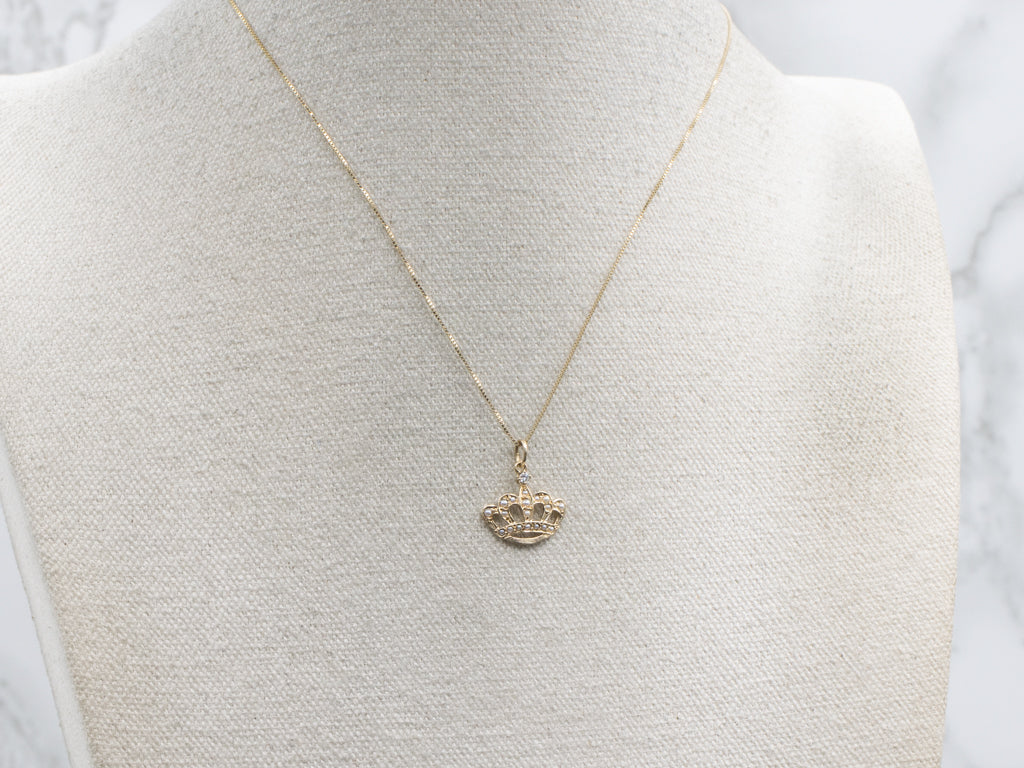 Diamond and Seed Pearl Gold Crown Pendant