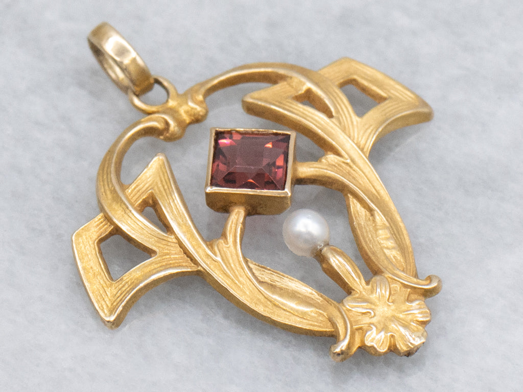 Red Garnet and Seed Pearl Bloomed Gold Art Nouveau Era Pendant