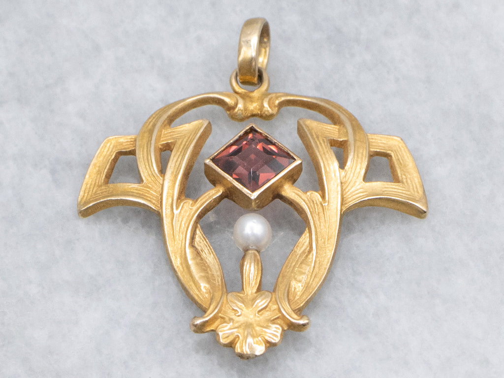 Red Garnet and Seed Pearl Bloomed Gold Art Nouveau Era Pendant