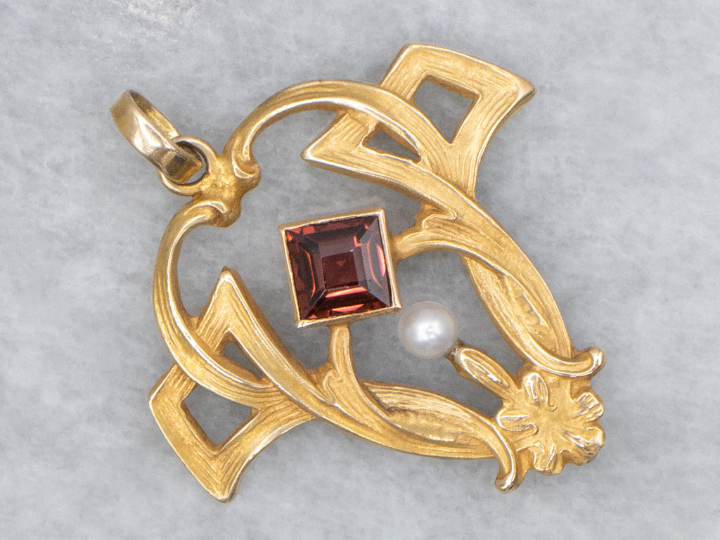 Red Garnet and Seed Pearl Bloomed Gold Art Nouveau Era Pendant