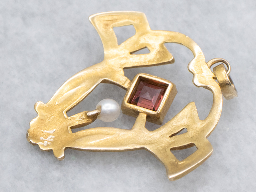 Red Garnet and Seed Pearl Bloomed Gold Art Nouveau Era Pendant
