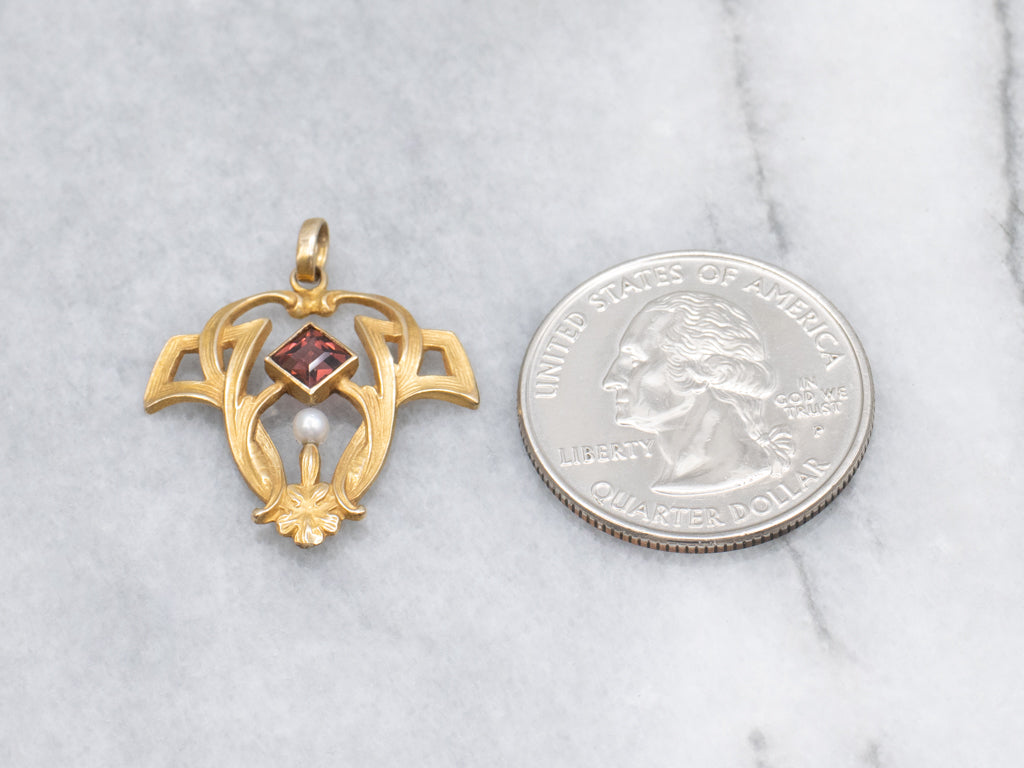 Red Garnet and Seed Pearl Bloomed Gold Art Nouveau Era Pendant