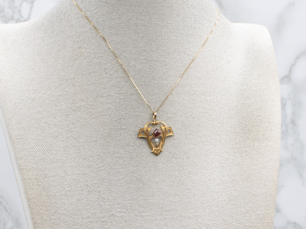 Red Garnet and Seed Pearl Bloomed Gold Art Nouveau Era Pendant