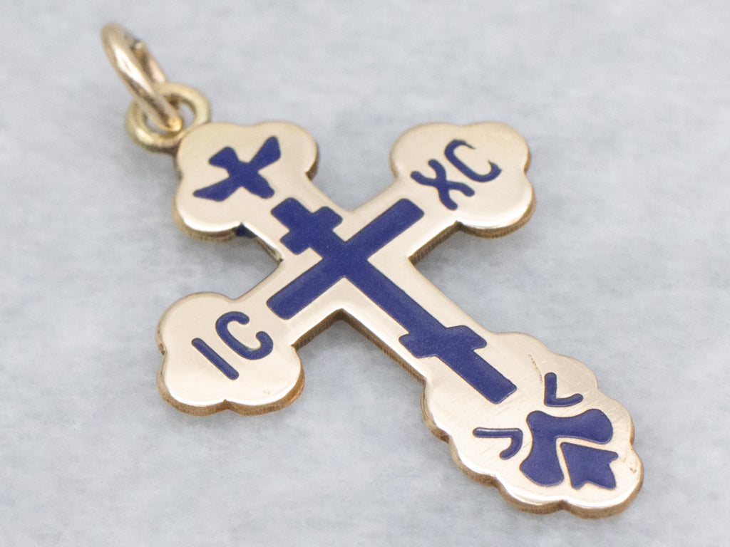 Yellow Gold and Blue Enamel "Save and Protect" Orthodox Cross Pendant