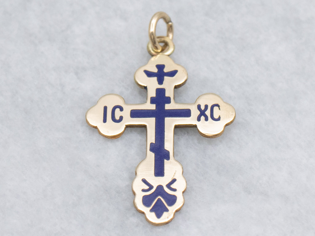 Yellow Gold and Blue Enamel "Save and Protect" Orthodox Cross Pendant
