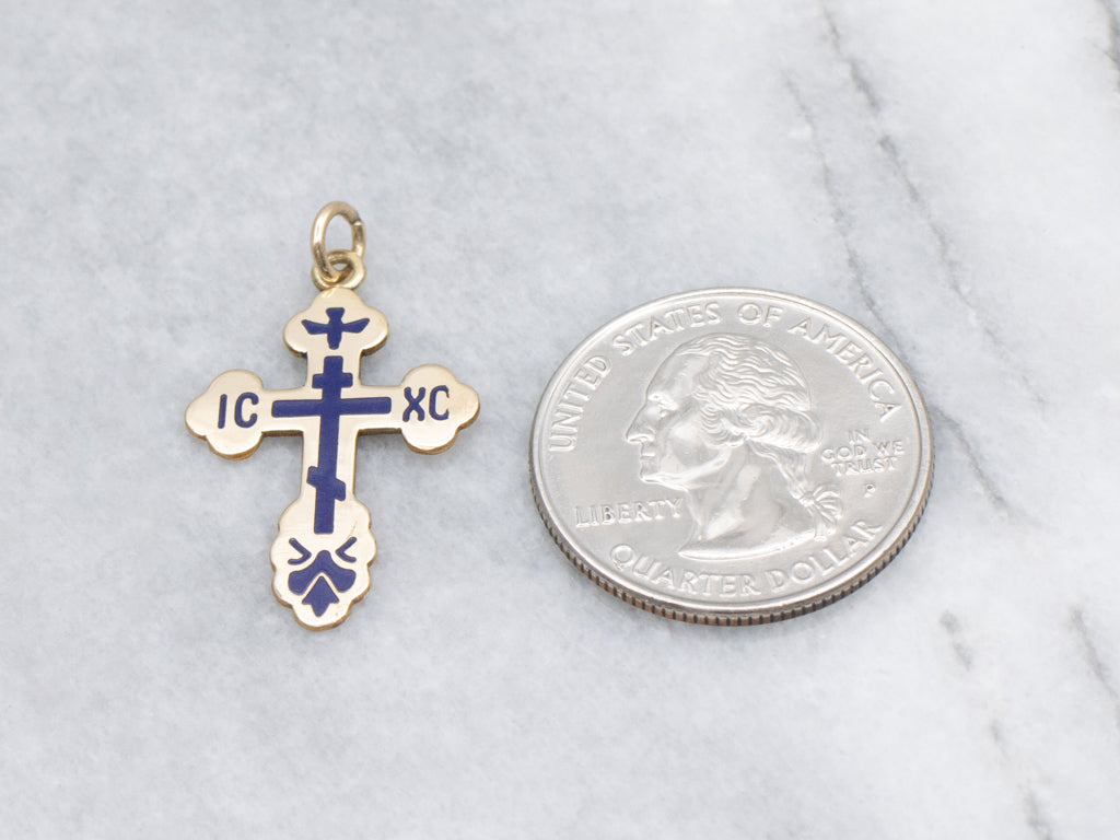 Yellow Gold and Blue Enamel "Save and Protect" Orthodox Cross Pendant