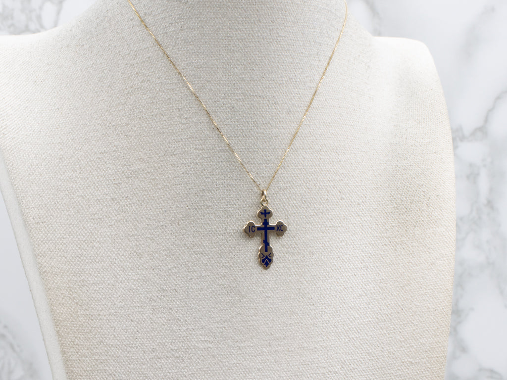 Yellow Gold and Blue Enamel "Save and Protect" Orthodox Cross Pendant
