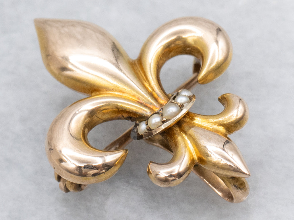 Victorian Fleur-de-Lis Seed Pearl Yellow Gold Watch Pin