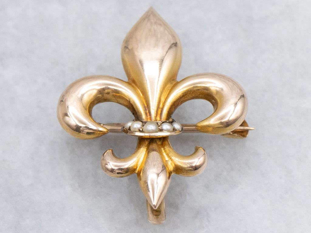 Victorian Fleur-de-Lis Seed Pearl Yellow Gold Watch Pin