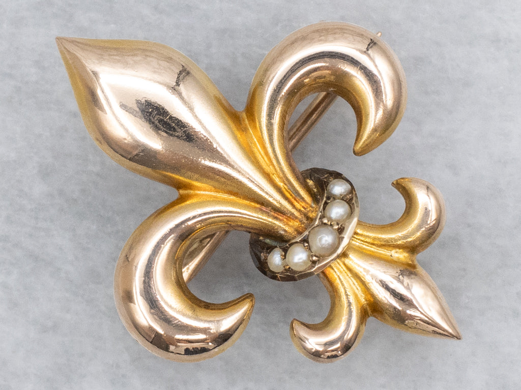 Victorian Fleur-de-Lis Seed Pearl Yellow Gold Watch Pin