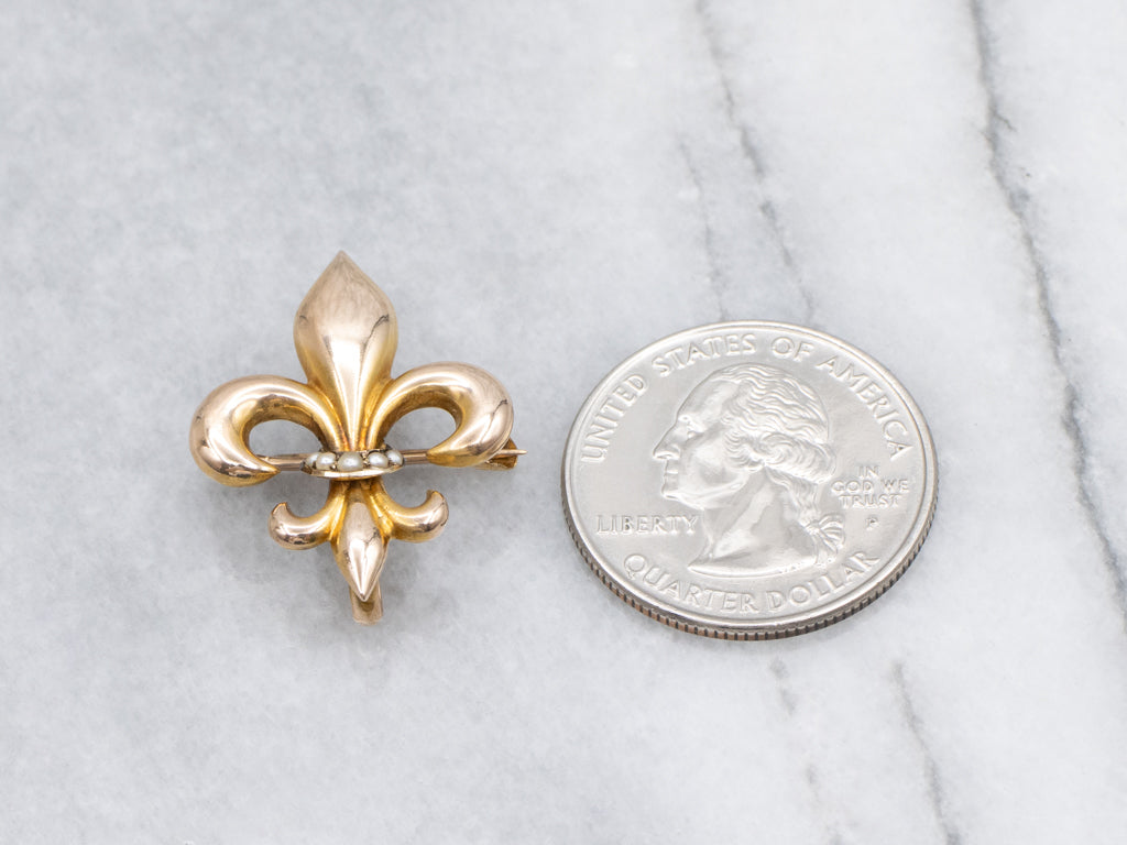 Victorian Fleur-de-Lis Seed Pearl Yellow Gold Watch Pin